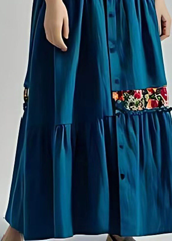 Style Peacock Blue Oversized Patchwork Cotton Maxi Dress Summer