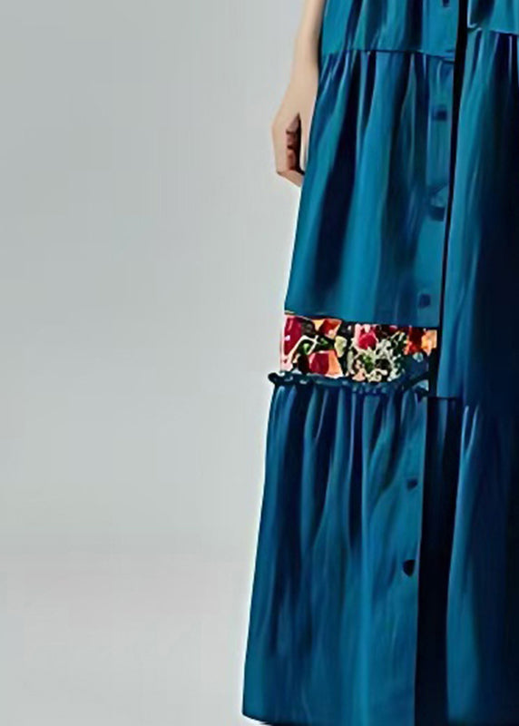 Style Peacock Blue Oversized Patchwork Cotton Maxi Dress Summer