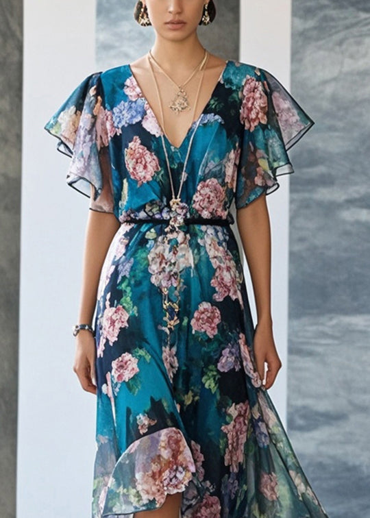 Style Peacock Blue Print Chiffon Party Dress Summer