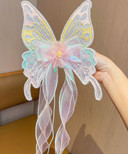 Style Pink Alloy Pearl Tulle Butterfly Ribbon Girls Hairpin