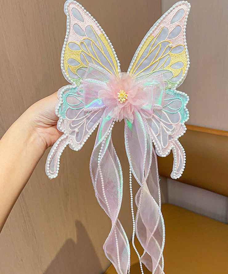 Style Pink Alloy Pearl Tulle Butterfly Ribbon Girls Hairpin