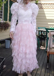 Style Pink Asymmetrical Wrinkled Elastic Waist Tulle Skirts Spring