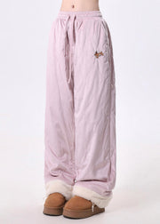 Style Pink Elastic Waist Patchwork Fine Cotton Filled Pants Winter