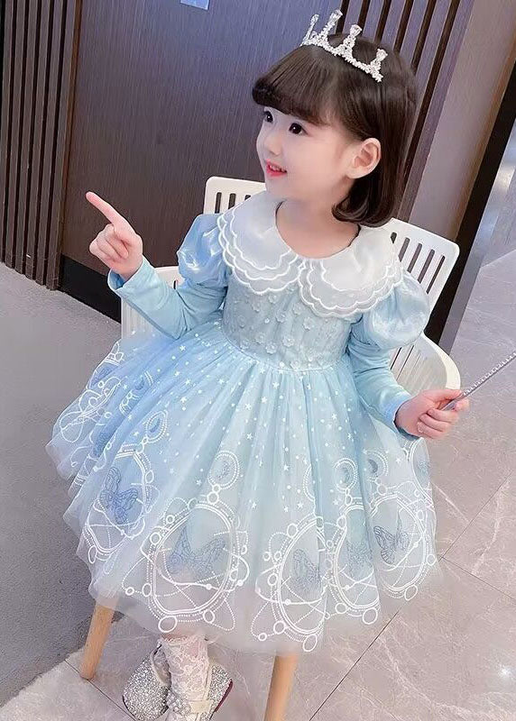 Style Pink Embroideried Patchwork Tulle Kids Long Dresses Long Sleeve