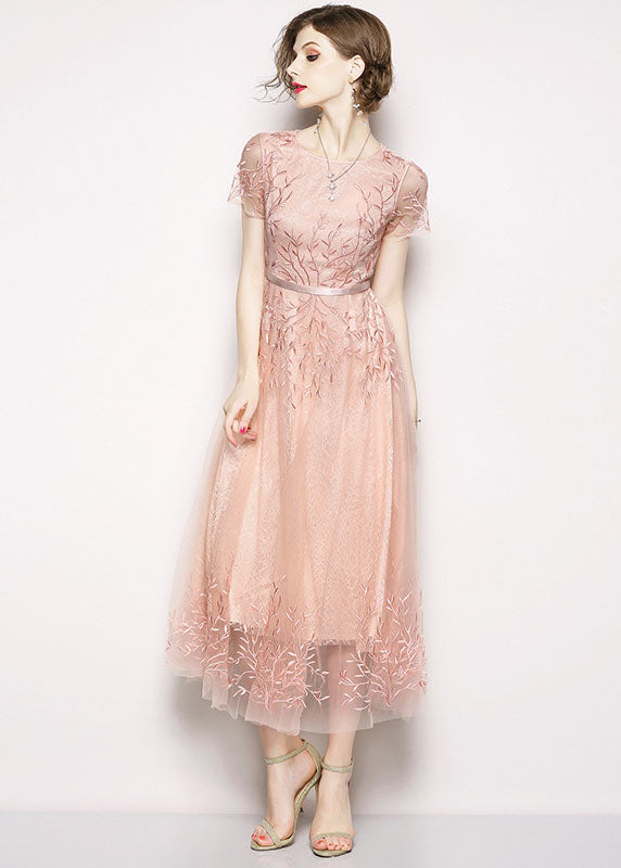 Style Pink Embroideried Tulle Long Dress Short Sleeve