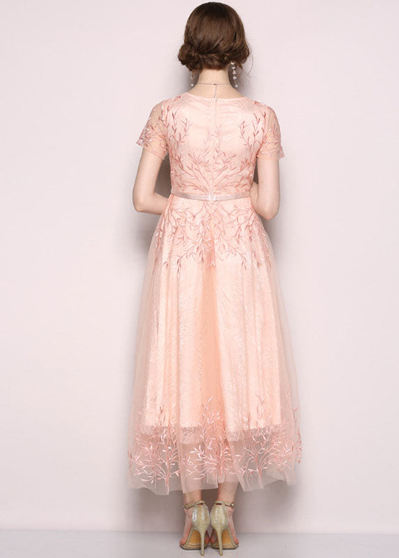 Style Pink Embroideried Tulle Long Dress Short Sleeve