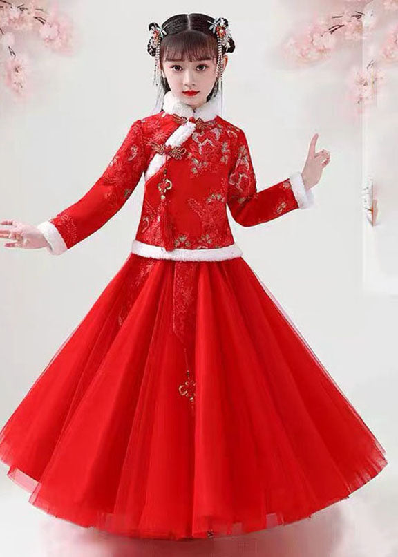 Style Pink Embroidered Warm Fleece Girls Coats And Tulle Maxi Skirts Two Pieces Set Long Sleeve