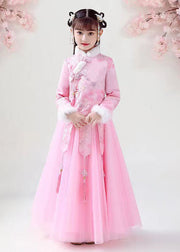 Style Pink Embroidered Warm Fleece Girls Coats And Tulle Maxi Skirts Two Pieces Set Long Sleeve