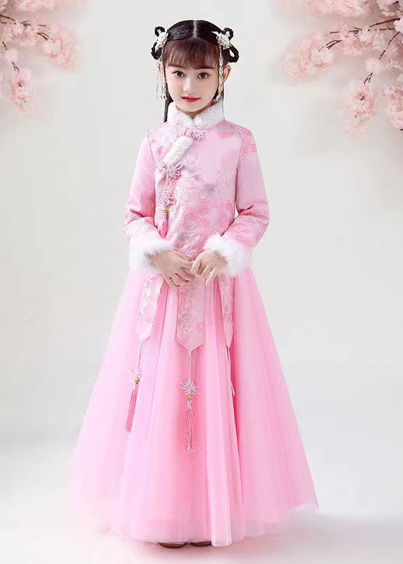 Style Pink Embroidered Warm Fleece Girls Coats And Tulle Maxi Skirts Two Pieces Set Long Sleeve