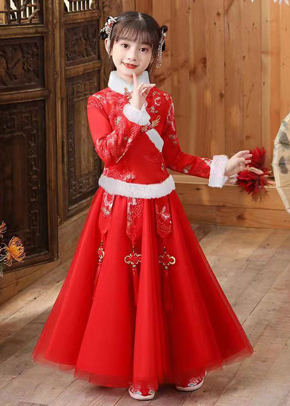 Style Pink Embroideried Warm Fleece Girls Coats And Tulle Maxi Skirts Two Pieces Set Long Sleeve