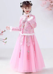 Style Pink Embroidered Warm Fleece Girls Coats And Tulle Maxi Skirts Two Pieces Set Long Sleeve