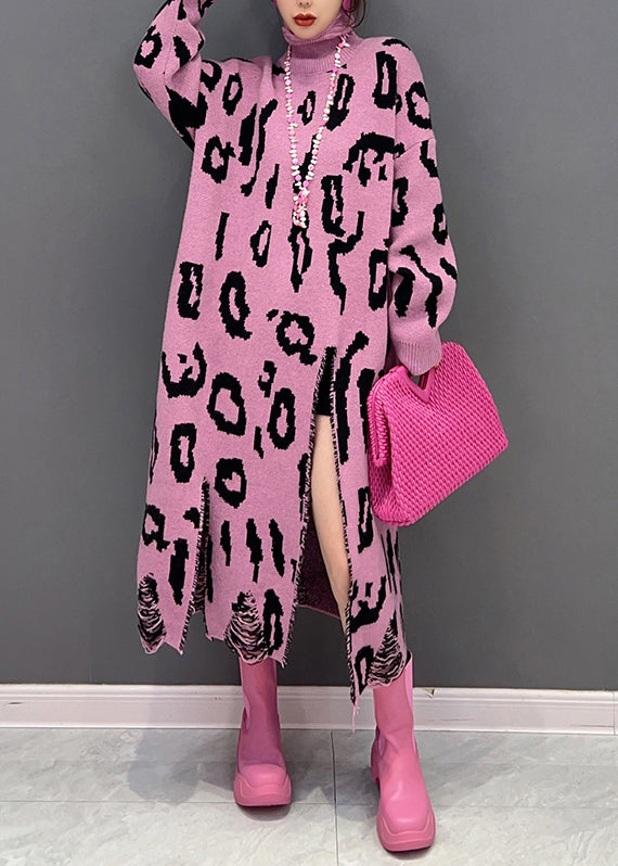 Style Pink Leopard Hign Neck Side Open Knit Long Dress Fall