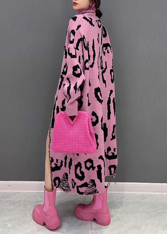 Style Pink Leopard Hign Neck Side Open Knit Long Dress Fall