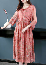 Style Pink O-Neck Cinched Embroideried Silk Maxi Dress Bracelet Sleeve