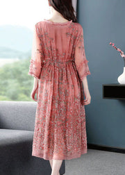 Style Pink O-Neck Cinched Embroideried Silk Maxi Dress Bracelet Sleeve