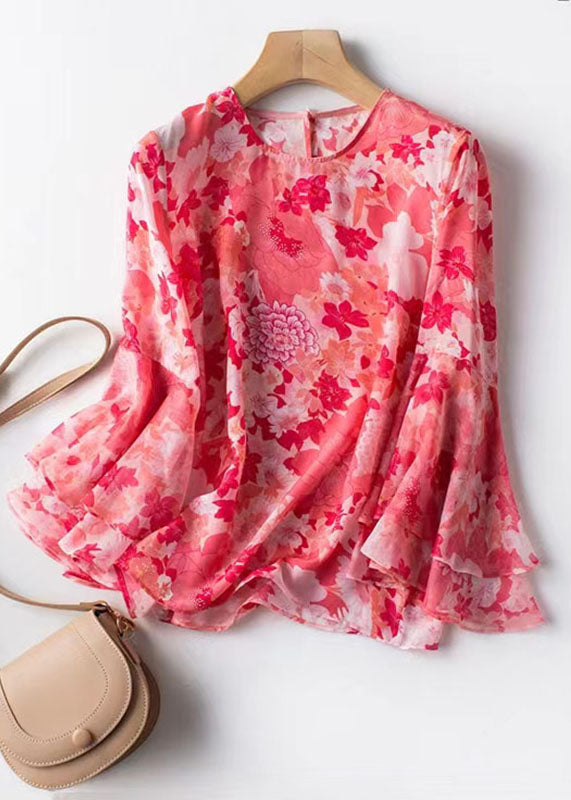 Style Pink O Neck Print Patchwork Chiffon Shirt Butterfly Sleeve