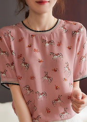 Style Pink O Neck Print Patchwork Chiffon Top Summer