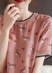 Style Pink O Neck Print Patchwork Chiffon Top Summer