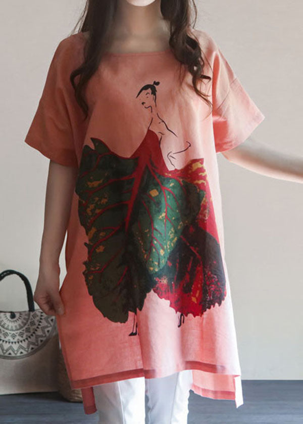 Style Pink O Neck Print Patchwork Linen T Shirt Top Summer