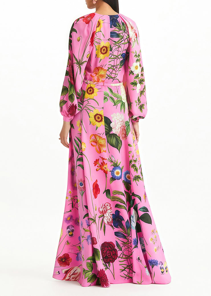 Style Pink O Neck Print Tie Waist Silk Long Dress Spring