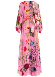 Style Pink O Neck Print Tie Waist Silk Long Dress Spring