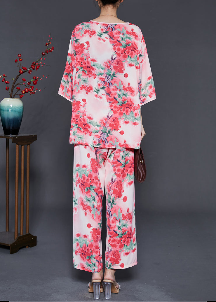 Style Pink Oversized Print Cotton Oriental Two Piece Set Summer
