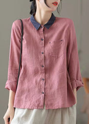 Style Pink Peter Pan Collar Patchwork Linen Top Spring