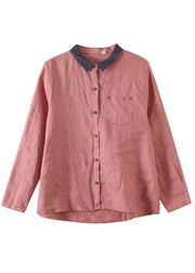 Style Pink Peter Pan Collar Patchwork Linen Top Spring