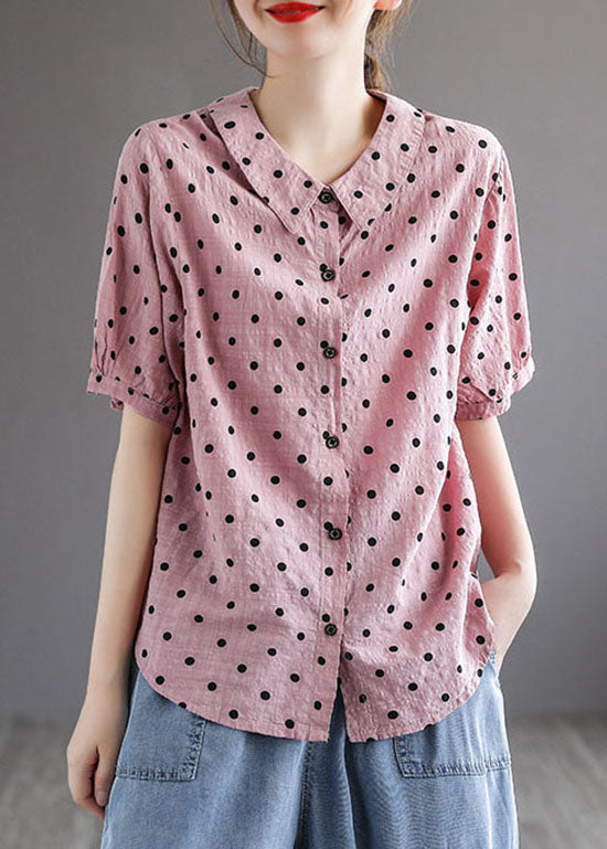 Style Pink Peter Pan Collar Print Patchwork Cotton Blouses Short Sleeve