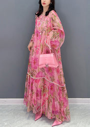 Style Pink Print Patchwork Chiffon Dress Long Sleeve