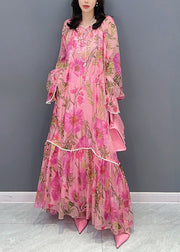 Style Pink Print Patchwork Chiffon Dress Long Sleeve