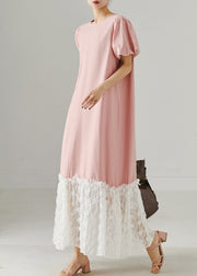 Style Pink Puff Sleeve Patchwork Cotton Maxi Dresses Summer