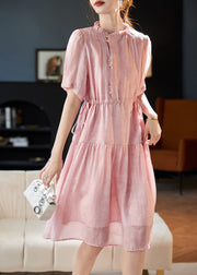 Style Pink Ruffled Drawstring Patchwork Chiffon Dresses Summer