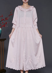 Style Pink Ruffled Embroidered Cotton Shirt Dress Spring
