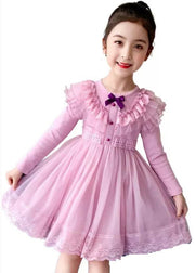 Style Pink Ruffled Lace Patchwork Warm Fleece Kids Girls Dresses Winter