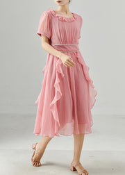 Style Pink Ruffles Elastic Waist Chiffon Dresses Summer