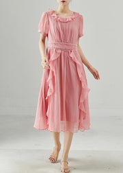 Style Pink Ruffles Elastic Waist Chiffon Dresses Summer