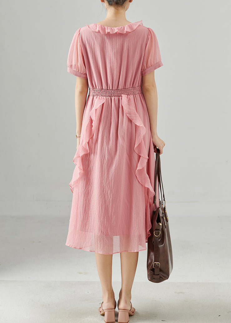 Style Pink Ruffles Elastic Waist Chiffon Dresses Summer