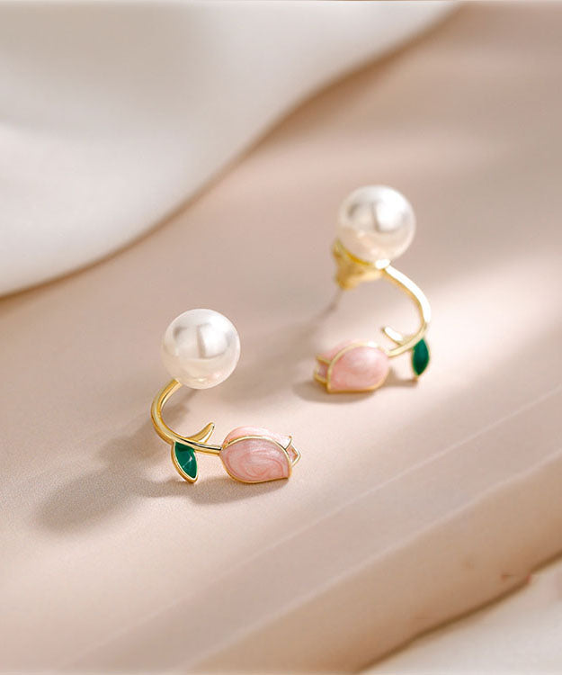 Style Pink Silver Overgild Pearl Oil Drip Hoop Earrings