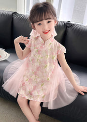 Style Pink Stand Collar Print Tulle Patchwork Button Girls Mid Dress Short Sleeve