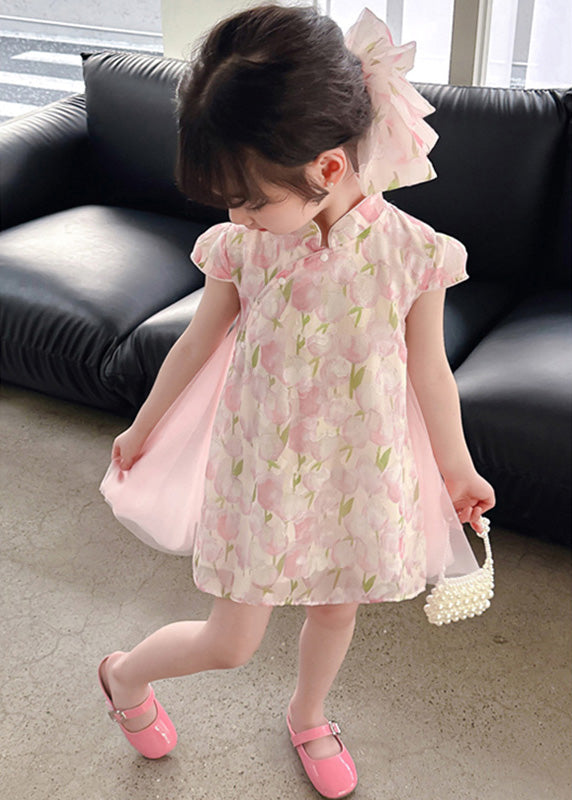 Style Pink Stand Collar Print Tulle Patchwork Button Girls Mid Dress Short Sleeve