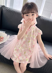 Style Pink Stand Collar Print Tulle Patchwork Button Girls Mid Dress Short Sleeve