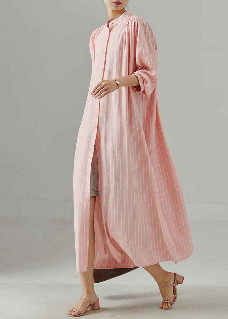 Style Pink Stand Collar Striped Cotton Maxi Dress Spring