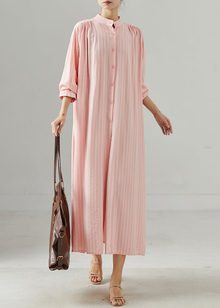 Style Pink Stand Collar Striped Cotton Maxi Dress Spring