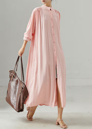 Style Pink Stand Collar Striped Cotton Maxi Dress Spring