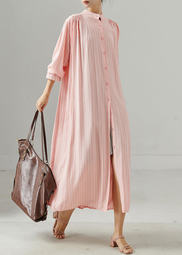 Style Pink Stand Collar Striped Cotton Maxi Dress Spring