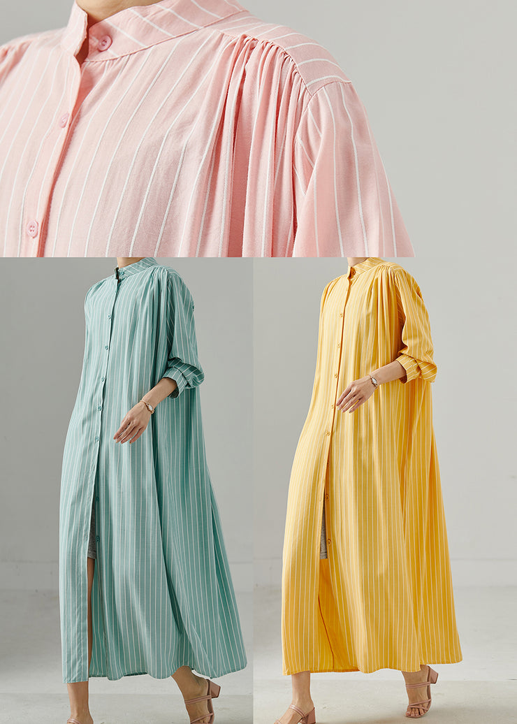 Style Pink Stand Collar Striped Cotton Maxi Dress Spring