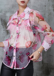 Style Pink Tasseled Print Chiffon UPF 50+ Shirt Two Piece Set