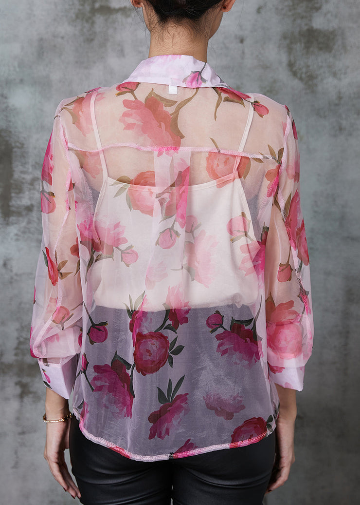 Style Pink Tasseled Print Chiffon UPF 50+ Shirt Two Piece Set