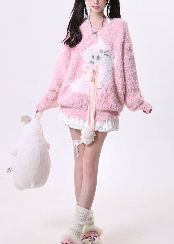 Style Pink V Neck Bow Ma Hai Mao Knit Sweaters Spring